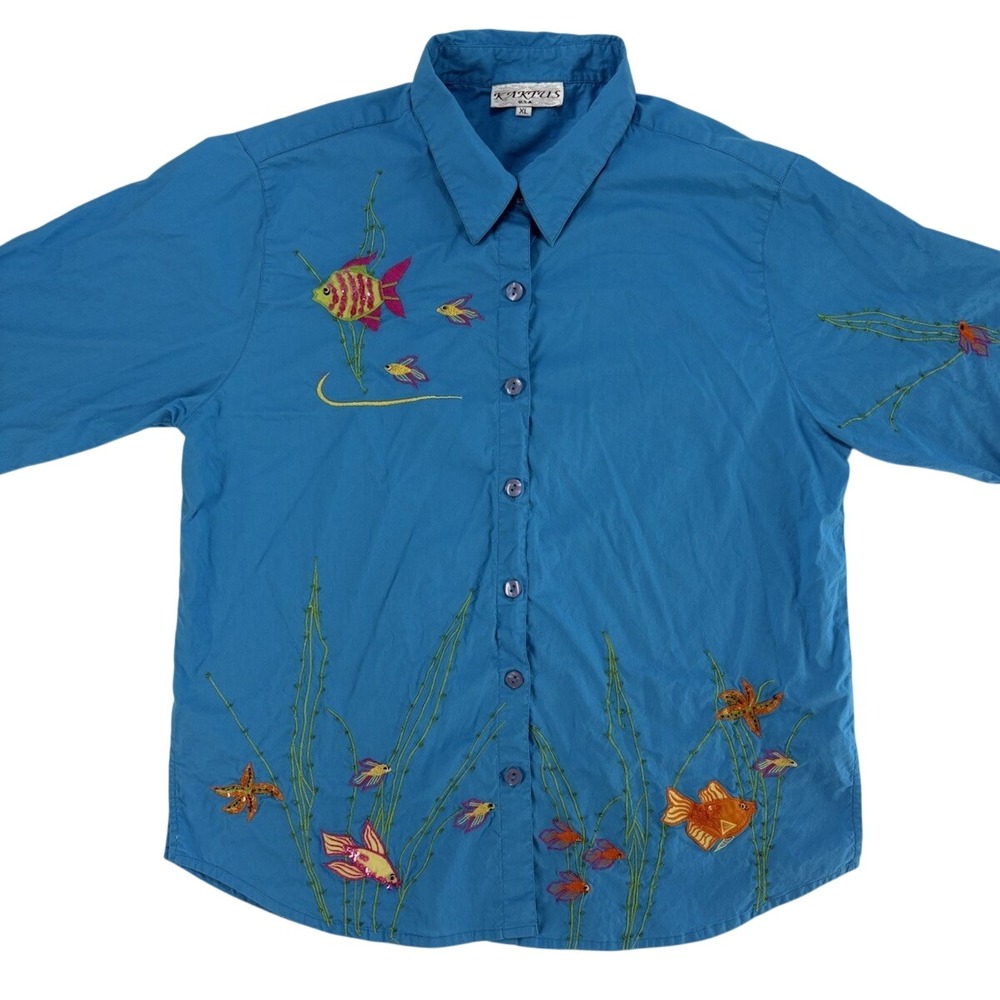 KAKTUS Teal Button Up Blouse Beaded Fish Under The Sea Womens Size XL 3/4 Sleeve